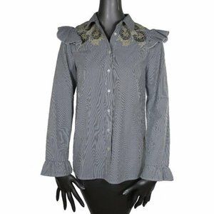 Suno NWT Grey Embroidered Metallic Shirt 2 Ruffle Button Longsleeve Blouse Top